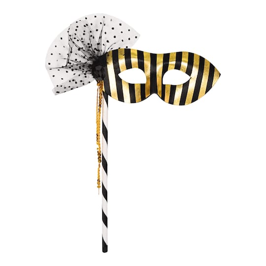 Beistle Adult Black & Gold Striped Party Masks with Sticks, 2ct.